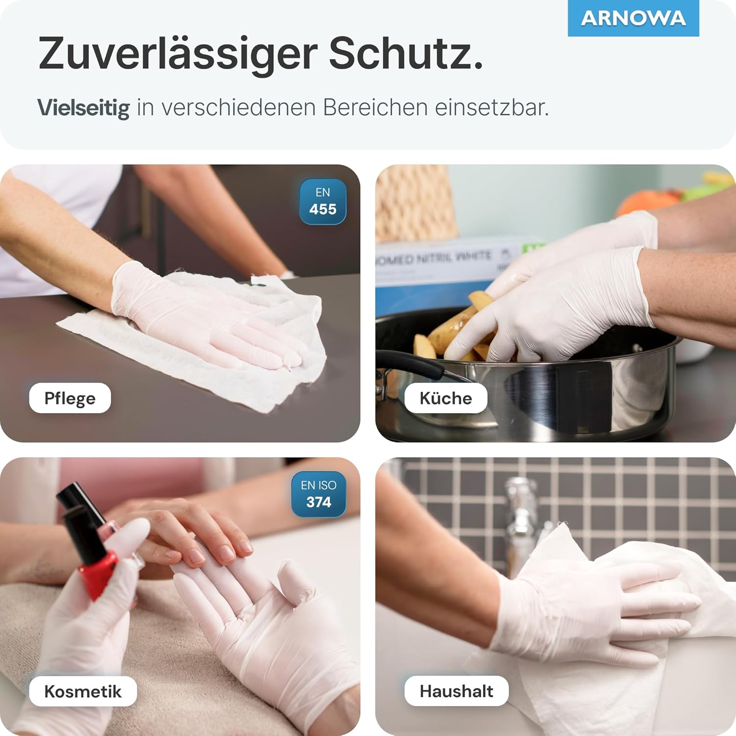 Detalle de ARNOMED Nitril Einweghandschuhe – 100 Stück/Box, Gr. S–XL, weiß, puderfrei, latexfrei