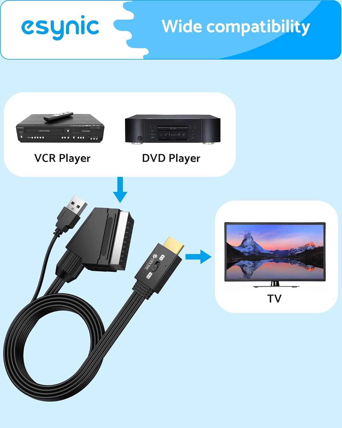 Thumbnail 3 de eSynic Upgraded SCART to HDMI 1080P Converter with 4:3/16:9 Aspect Switch (Gold SCART adapter)
