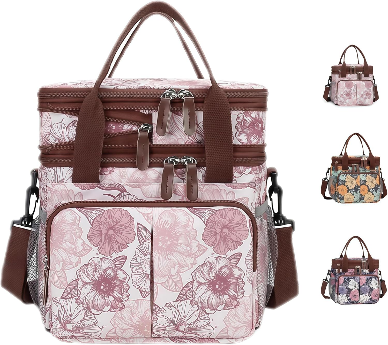 leocwen leocwenbag-1 Insulated Lunch Bag, 15 L, Pink Floral, 8 Pockets