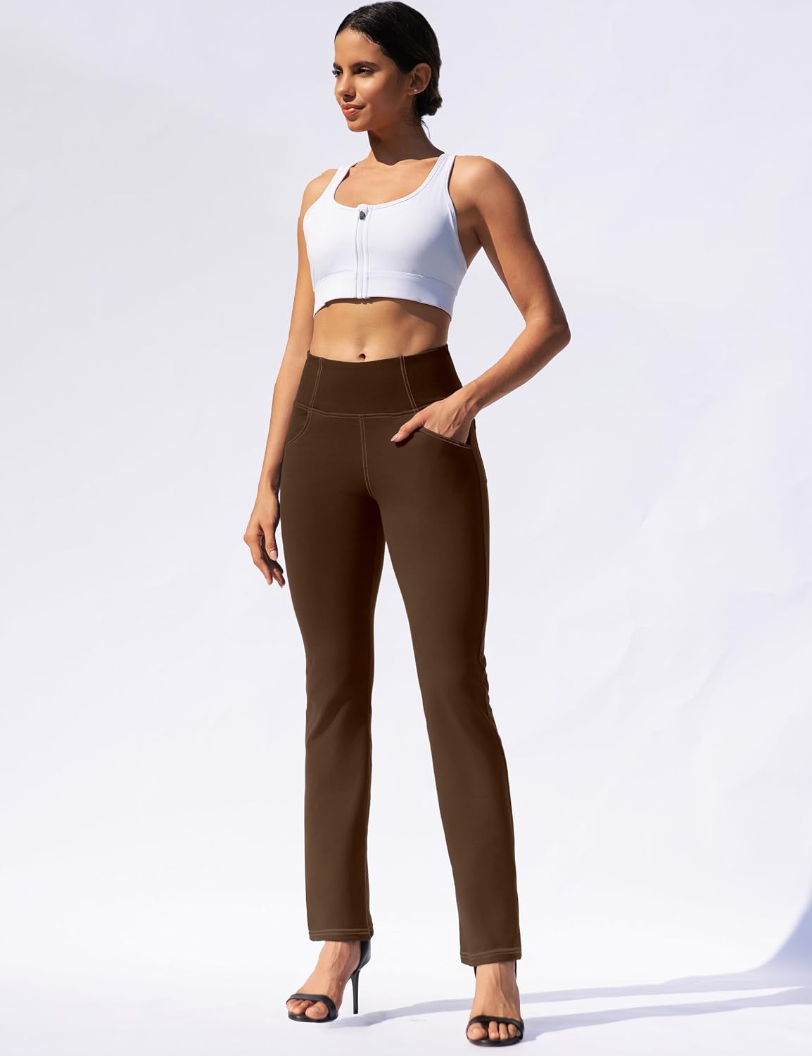 Detalle de VOOVEEYA Women's High-Waisted Straight-Leg Yoga Leggings with Pockets