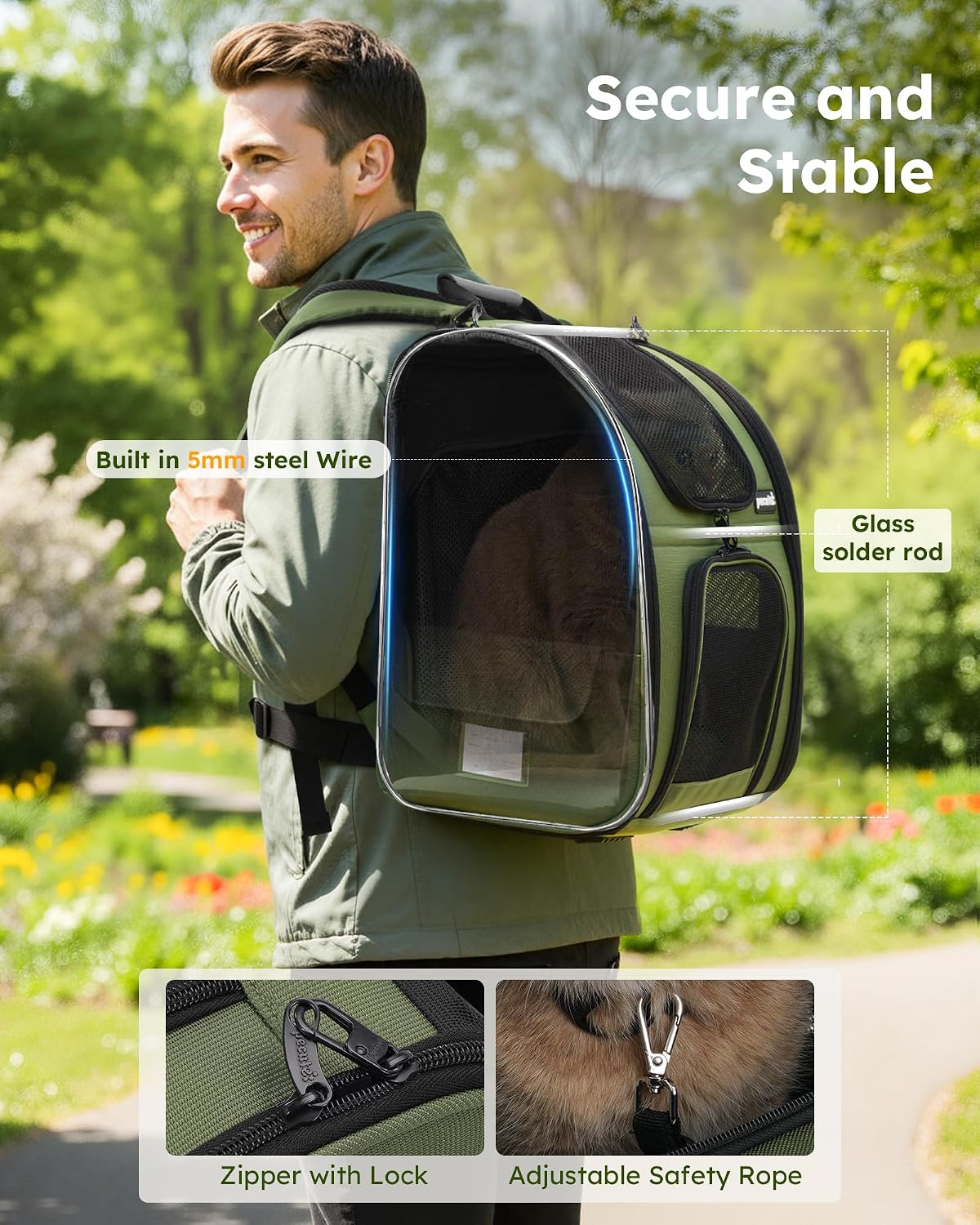 Detalle de Pecute Haustier Expansions Rucksack für Hund & Katze (erweiterbar, Front Opening, Mesh-Fenster) – dunkelgrün