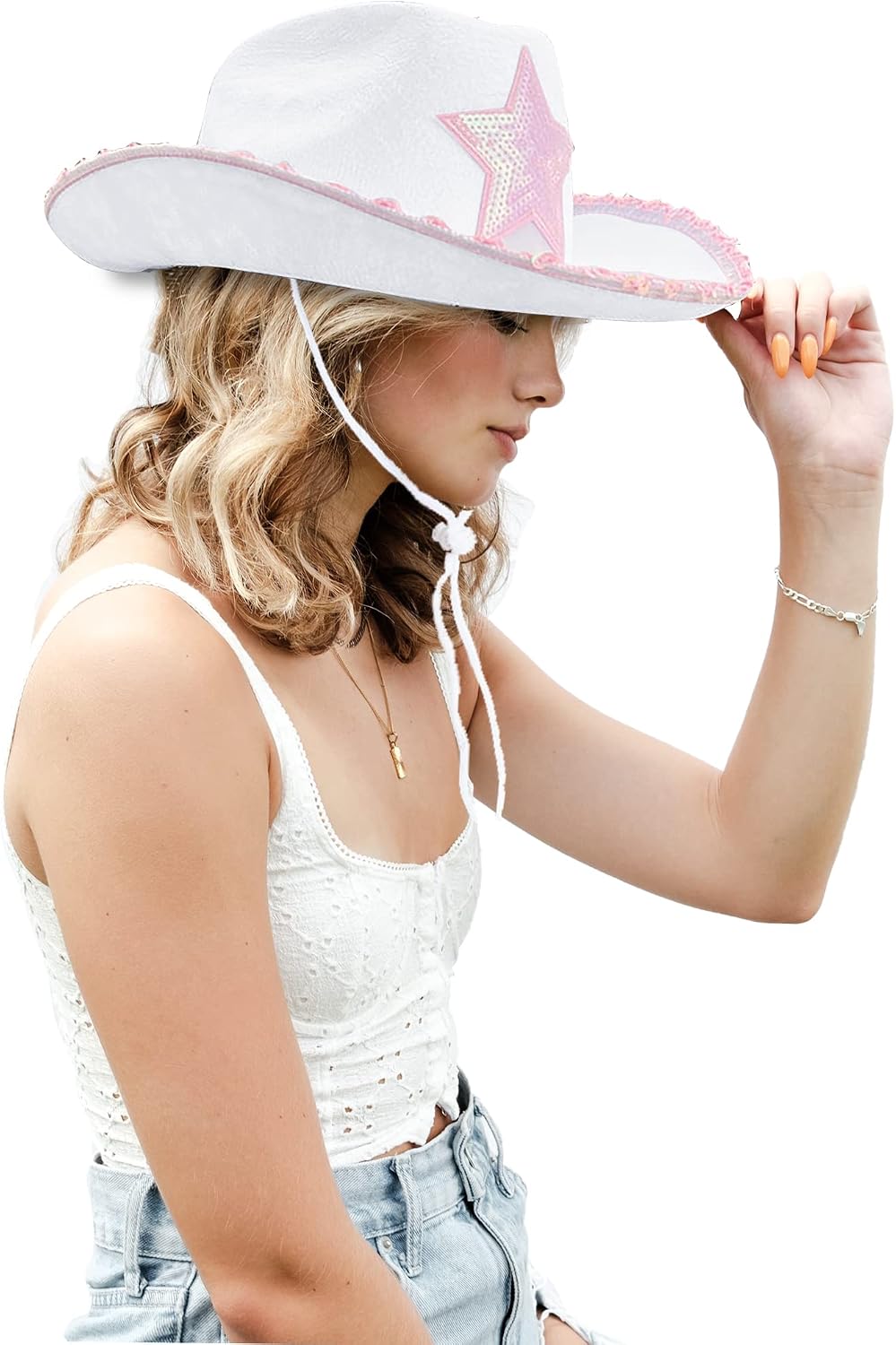 Detalle de db11 Pink Cowboy Hat with Sequins and Heart Glasses (White & Pink) – A Fun Party Accessory