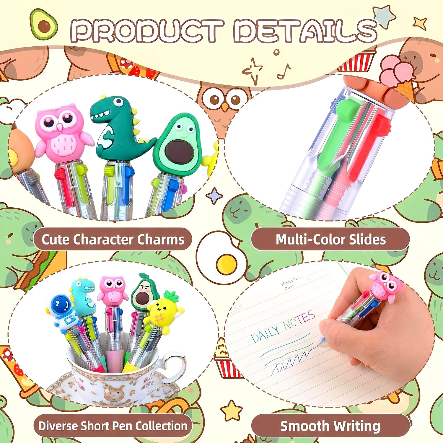 Thumbnail 3 de Kids Multi Coloured Pens 4 in 1, 24 Pcs – Mini Cartoon Ballpoint Pens