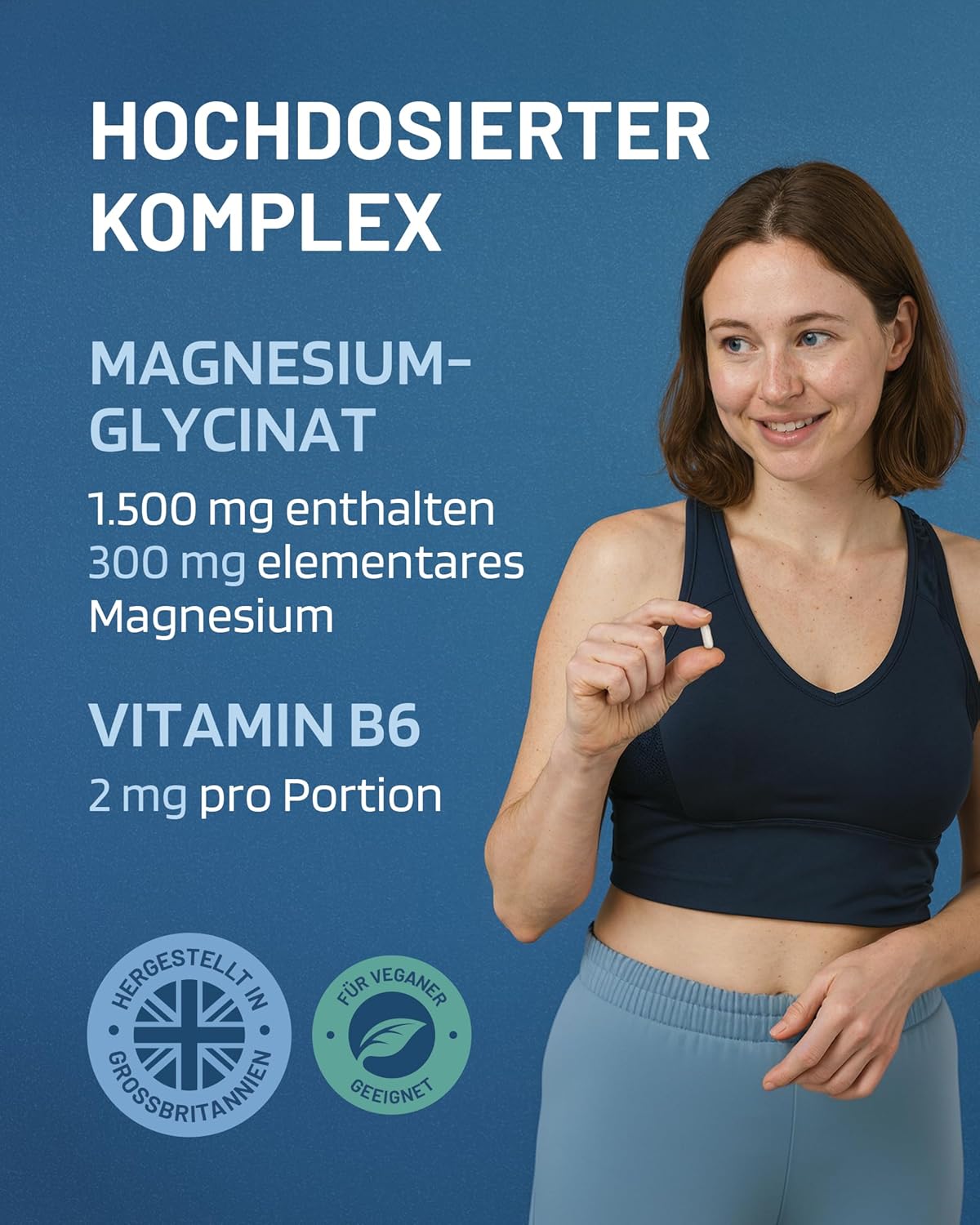 Detalle de Magnesium Bisglycinat hochdosiert mit Vitamin B6 (1500 mg, 120 Kapseln) – vegan & laborgeprüft
