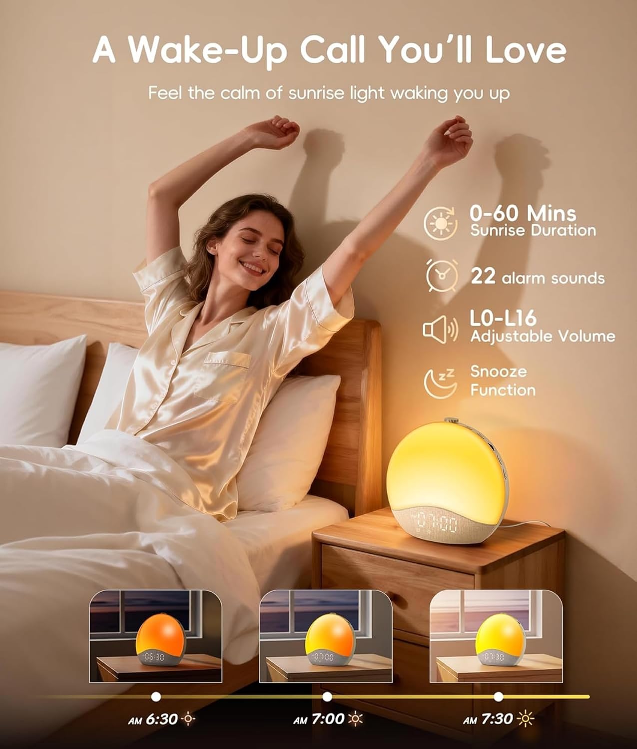 Detalle de ecozy Sunrise Alarm Clock, Bluetooth Time Sync, Wake Up Light