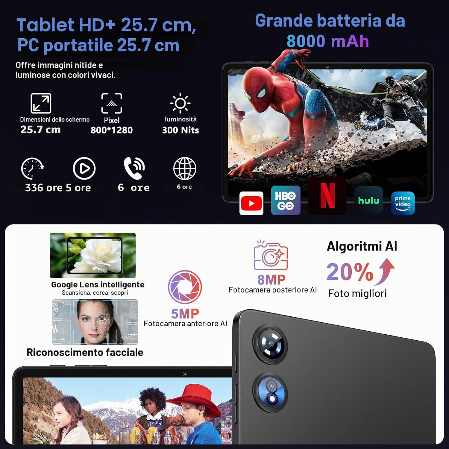 Thumbnail 6 de Android 15 Tablet 10.1" con Octa-Core 2.0GHz, 30GB RAM / 128GB ROM (espansione fino a 2TB), Gemini AI, 8000mAh, Widevine L1, 5G Wi‑Fi, Face ID, Tastiera e Mouse (Nero)