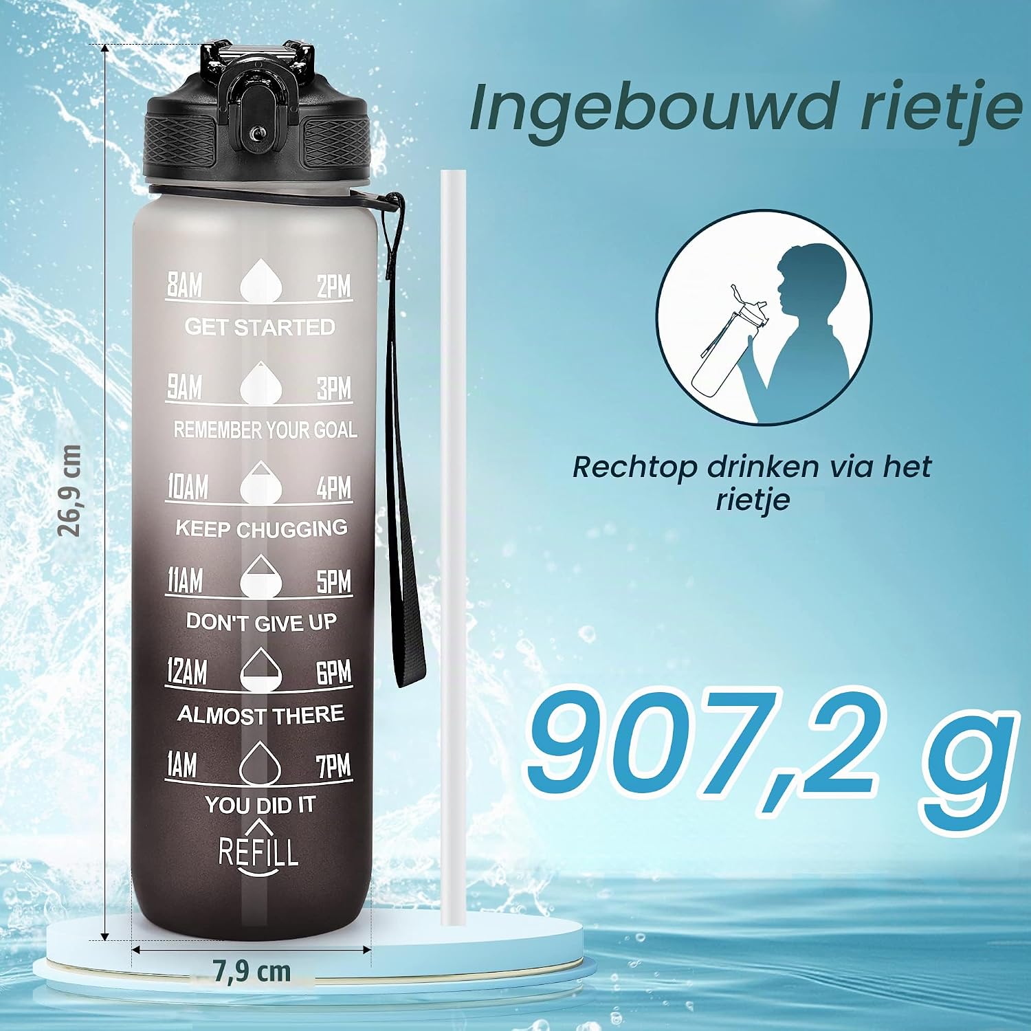 Detalle de YC Kitchen jb-1000l-HB sportfles met tijdmarkeringen, rietje en draagriem