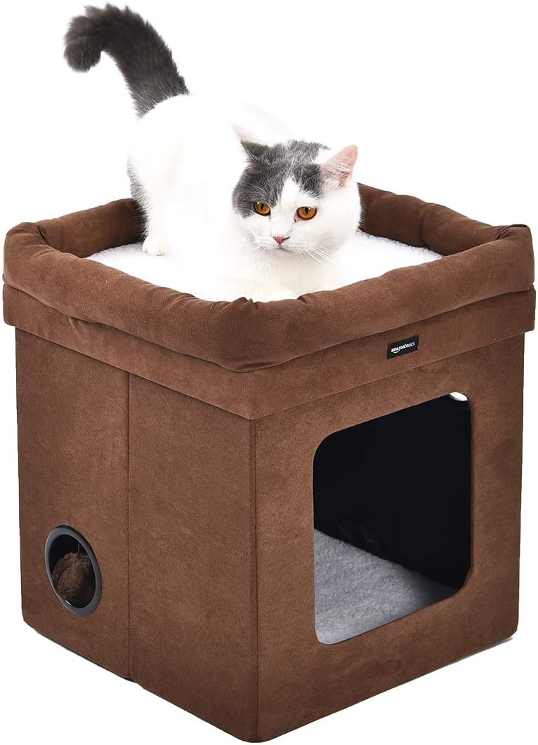Detalle de Amazon Basics składany domek dla kota 38 × 38 × 43 cm, brązowy, z polarem Sherpa