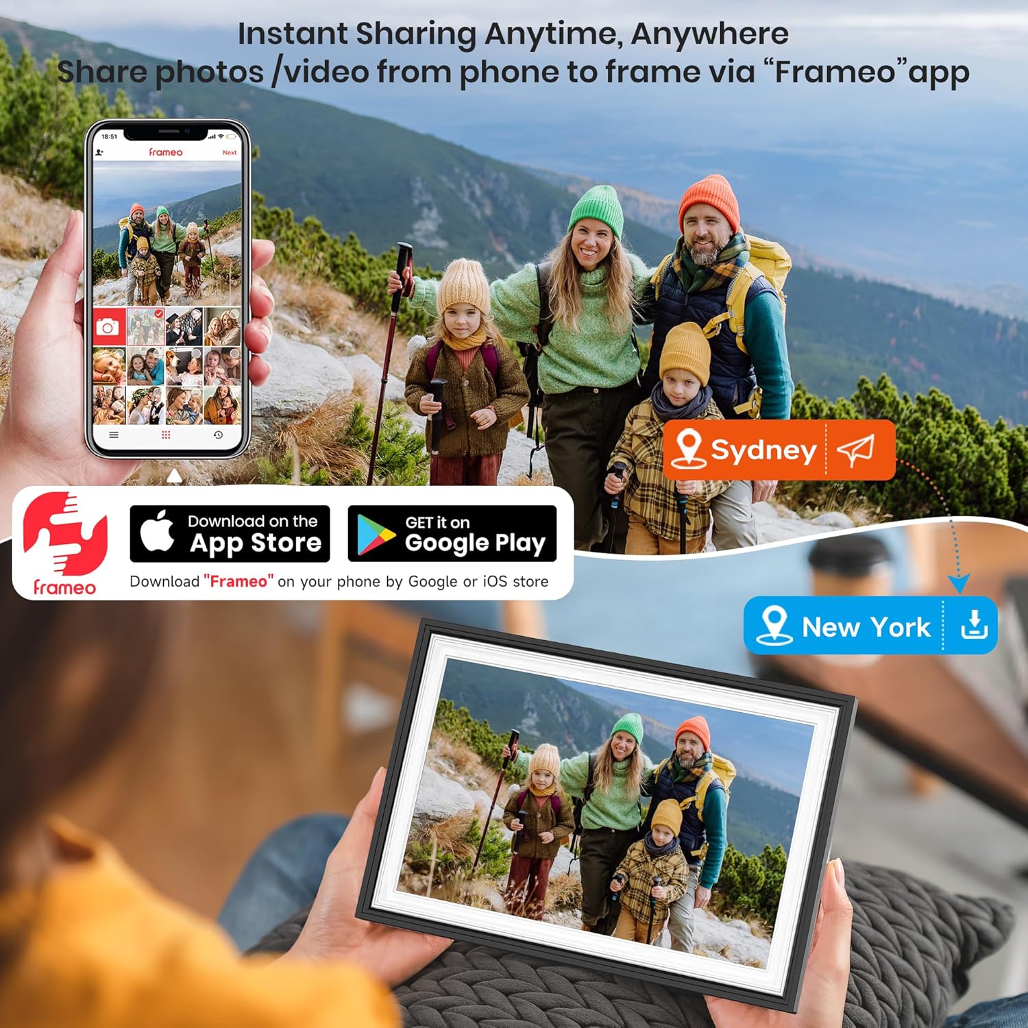 Thumbnail 1 de BIGASUO Frameo WiFi Digital Photo Frame 10.1 Inch (Black/White) with Touch Screen, 32GB & Auto Rotate