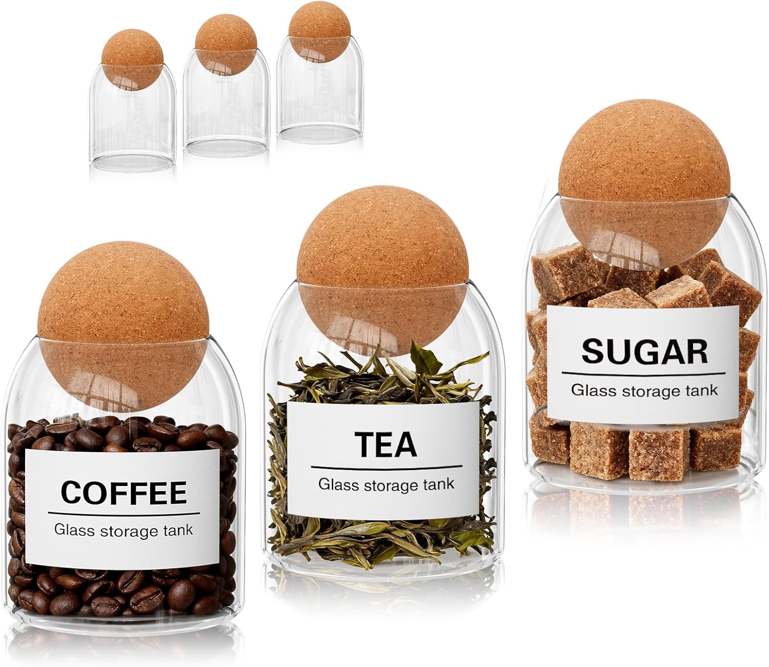 Detalle de Esilihom 3-Pack 500ml Glass Tea, Coffee and Sugar Canisters with Cork Ball Stoppers