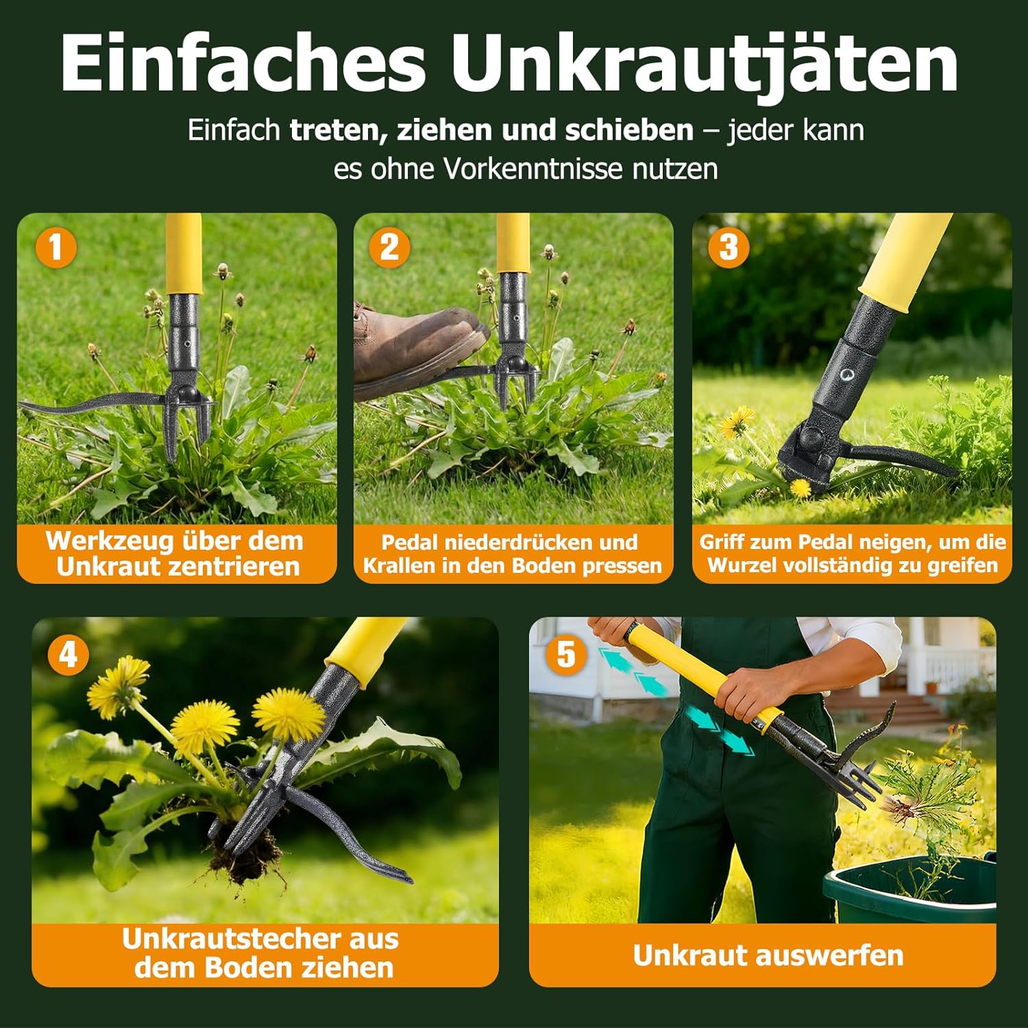 Thumbnail 6 de CJYMMFAN Unkrautstecher mit langem Stiel und Auswurfmechanismus – Stand-Up Unkrautentferner, 109 cm, 4-Teiliges Holzgriff-Setup