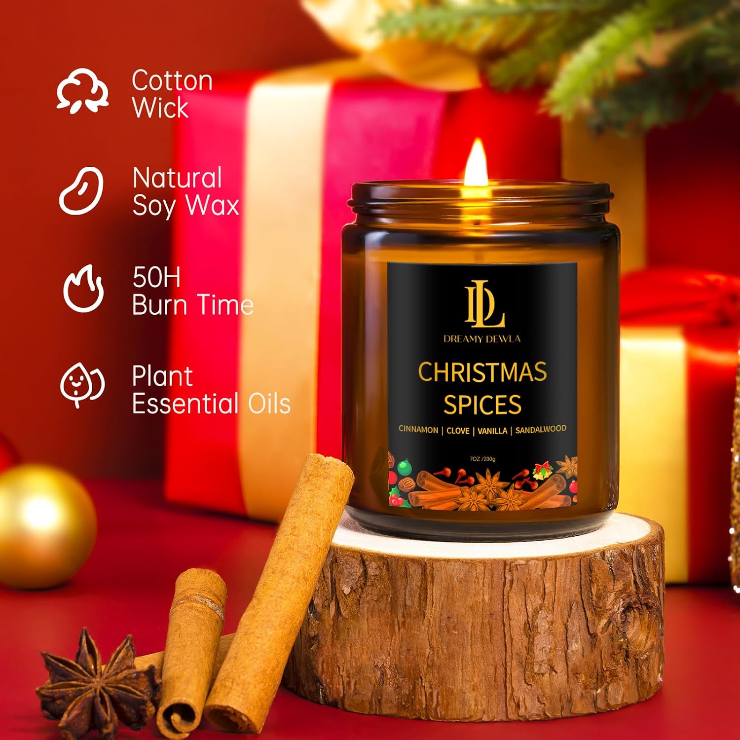 Detalle de DL DREAMY DEWLA Christmas Candle Set, 6 Soy Wax Jars, 42 oz, 6 Holiday Scents