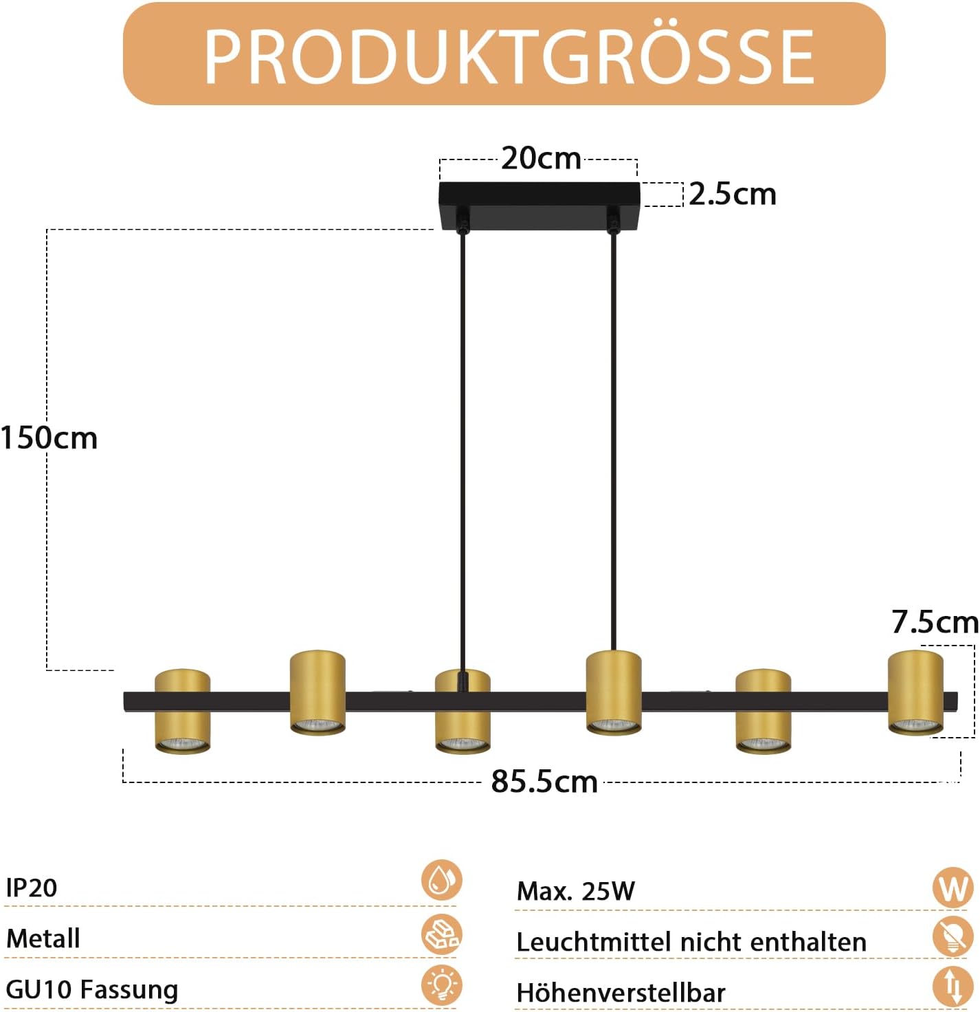 Thumbnail 1 de Kowanie Pendelleuchte Esstisch Hängelampe 6-flammig in Schwarz/Gold (GU10) – ohne Leuchtmittel