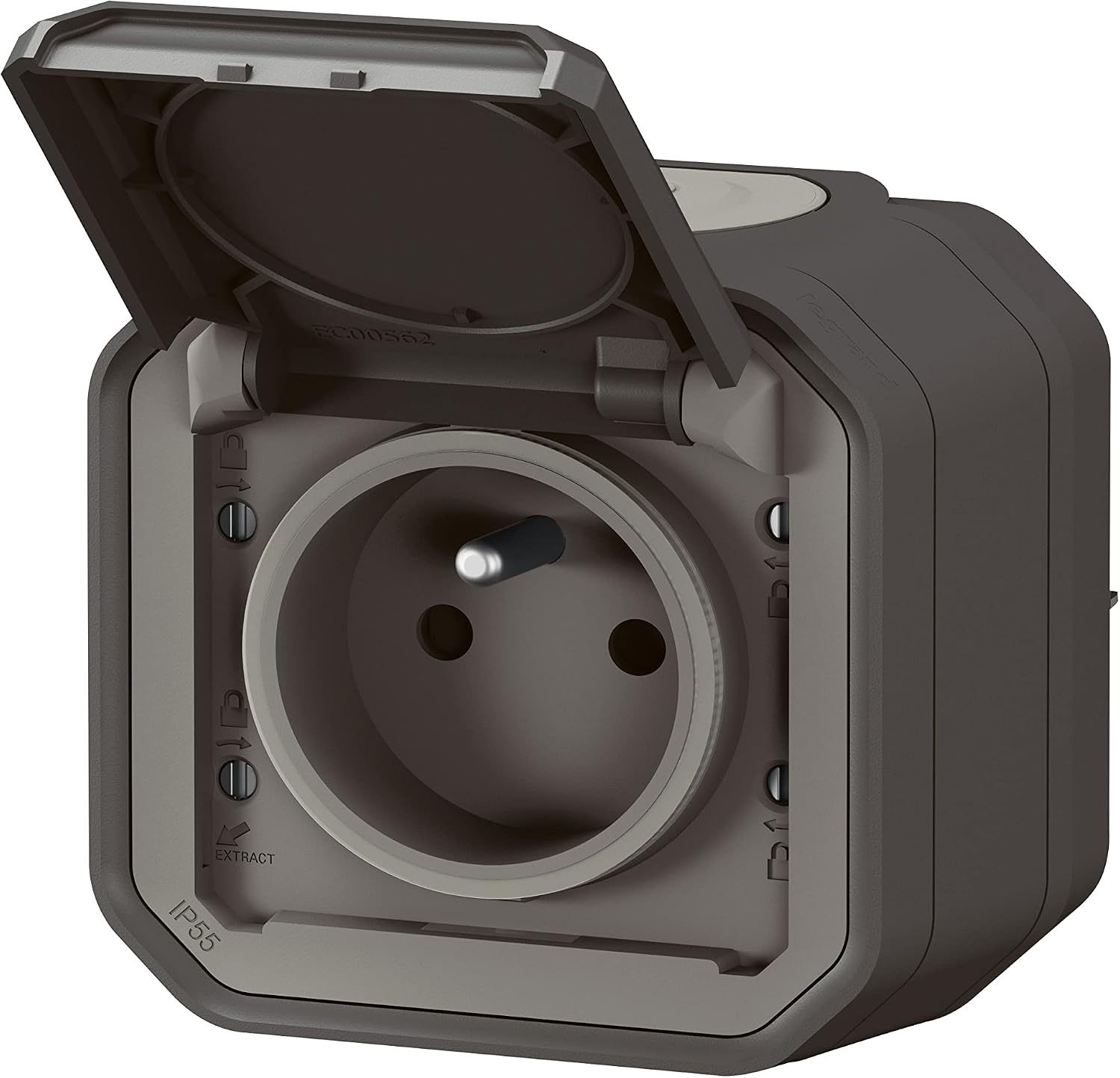 Detalle de Legrand Plexo Prise étanche IP55 avec Terre 2P+T 16A, avec Volet – Pose en apparent, Anthracite