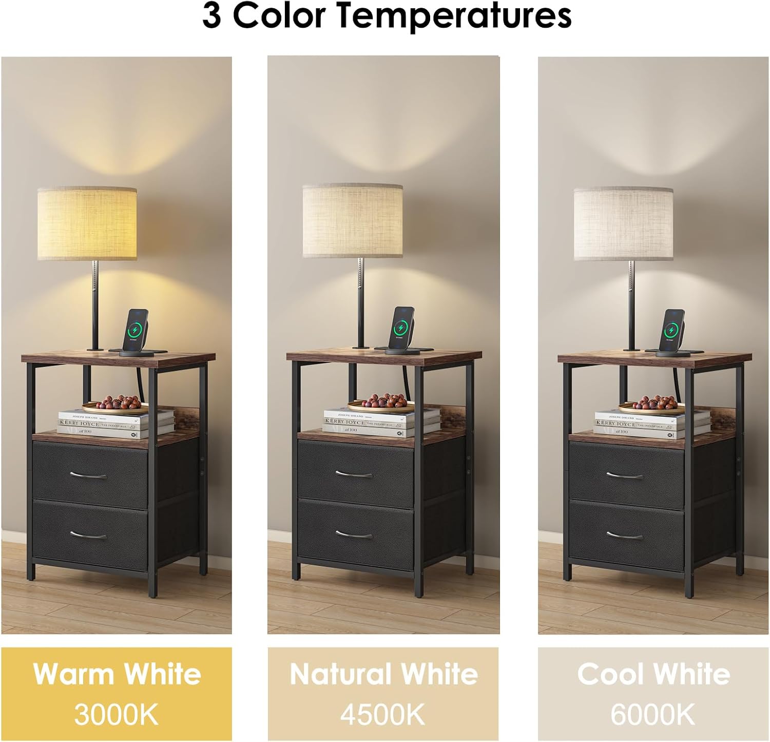 Detalle de Fixwal Bedside Table with 3 Color Temperature Reading Light and Charging Station, Black
