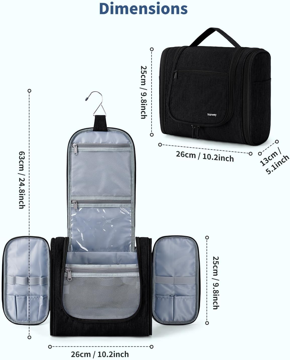Detalle de Narwey Groß Kulturtasche zum Aufhängen – Große Reise-Kulturtasche mit Haken, Schwarz