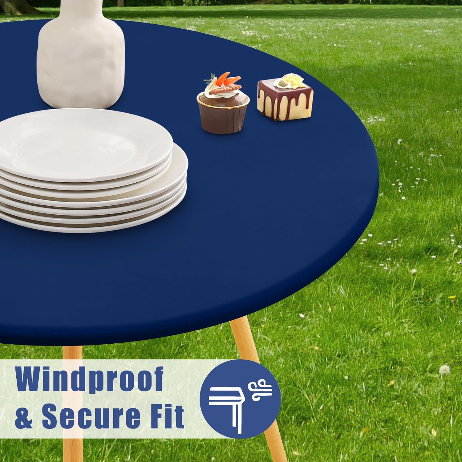 Detalle de Moosfor Round Spandex Tablecloth, Navy — Elastic, Waterproof Fit for 57"–68" Tables