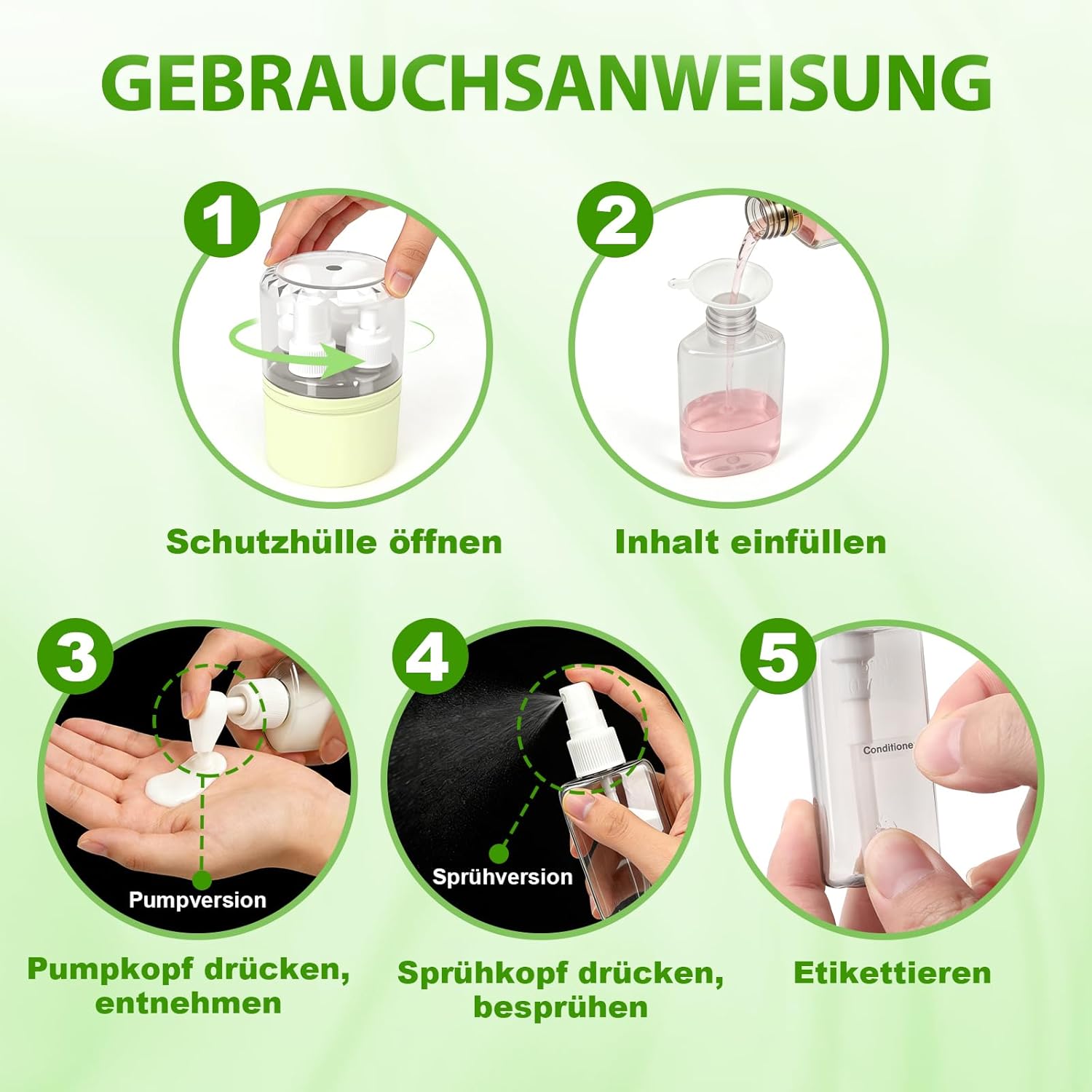 Detalle de Xiuxhae Dunkle 4-in-1 Reiseflaschen Zum Befüllen – 50 ml Pump- und Sprayflaschen im Grün, inkl. Etiketten und Trichter
