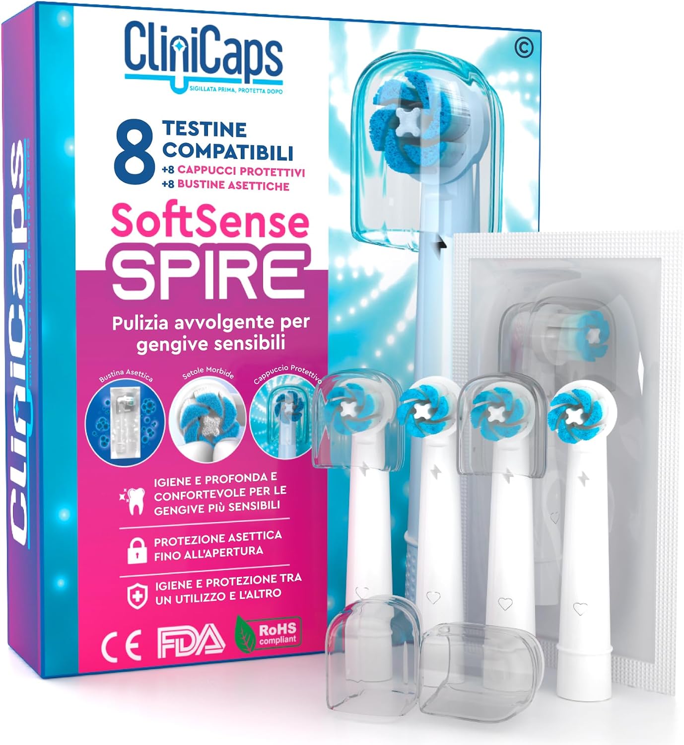 Detalle de 8 Testine Morbide CliniCaps SoftSense Spire (Ricambio compatibile Oral-B) con bustina asettica e cappuccio protettivo