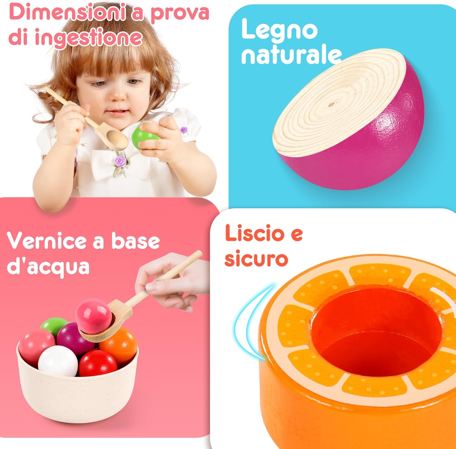 Detalle 2 de Seagoal Giochi Montessori 1 2 3 Anno – Set di frutta in legno per sviluppo sensoriale e coordinazione