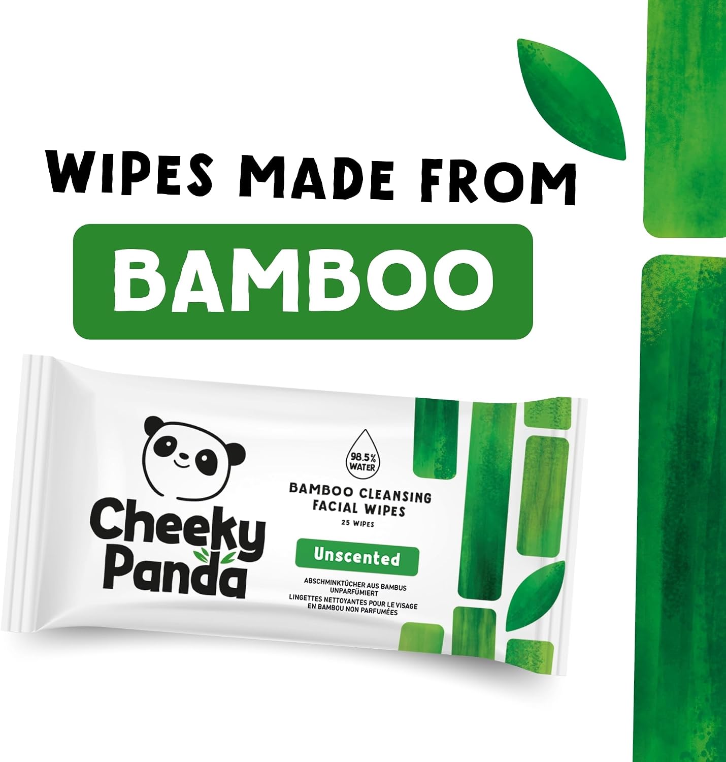 Detalle 1 de The Cheeky Panda Bamboo Face Cleanser & Makeup Remover Wipes (Unscented) – 6 Packs of 25
