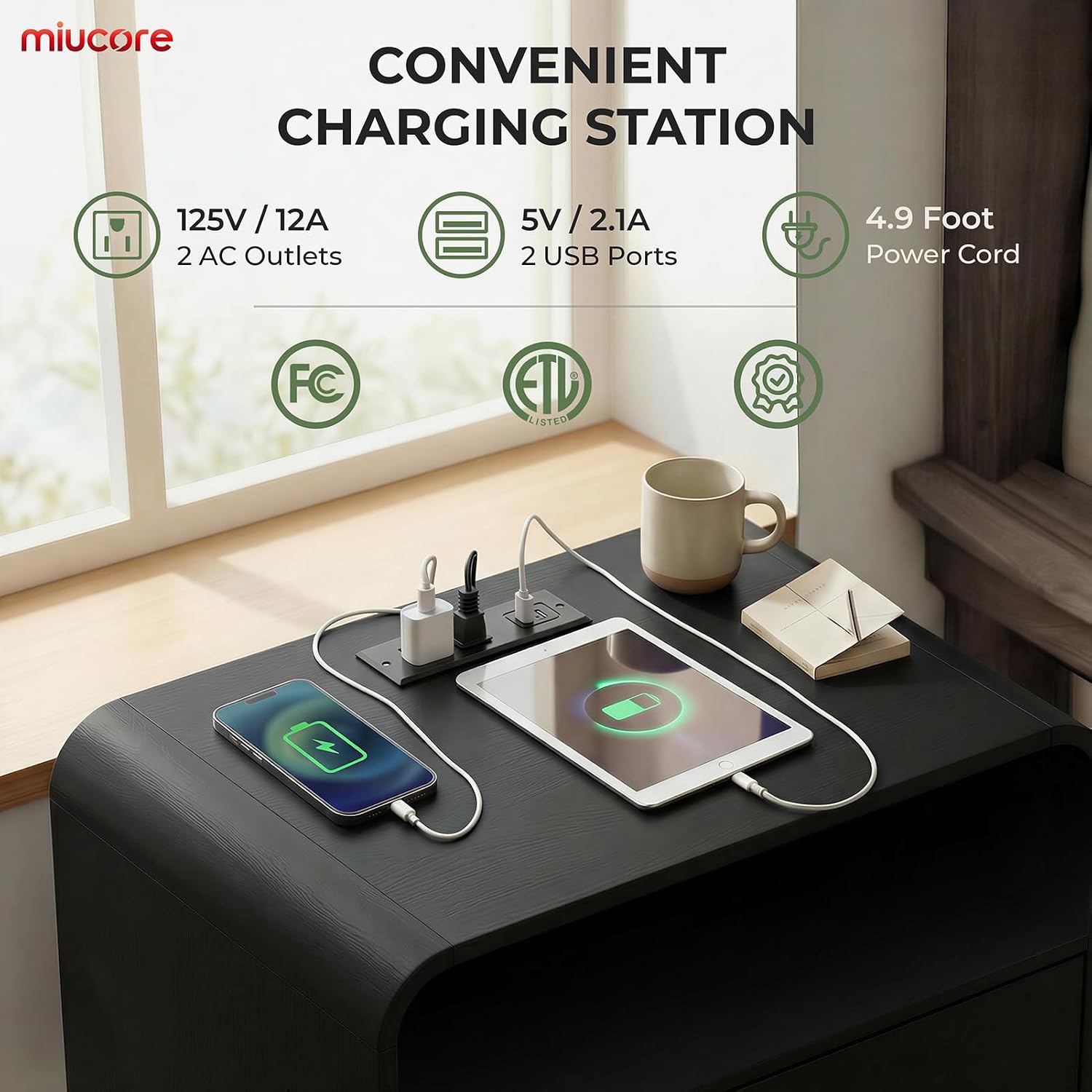 Detalle de Miucore 25" Tall Modern Nightstand with Charging Station, 2 Drawers, Black