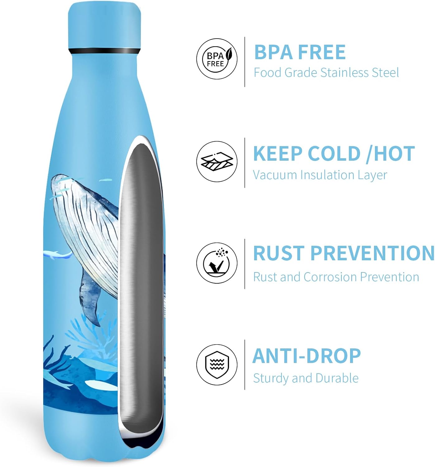 Detalle 2 de Ballena 500ml Botella de Agua Acero Inoxidable 🐋