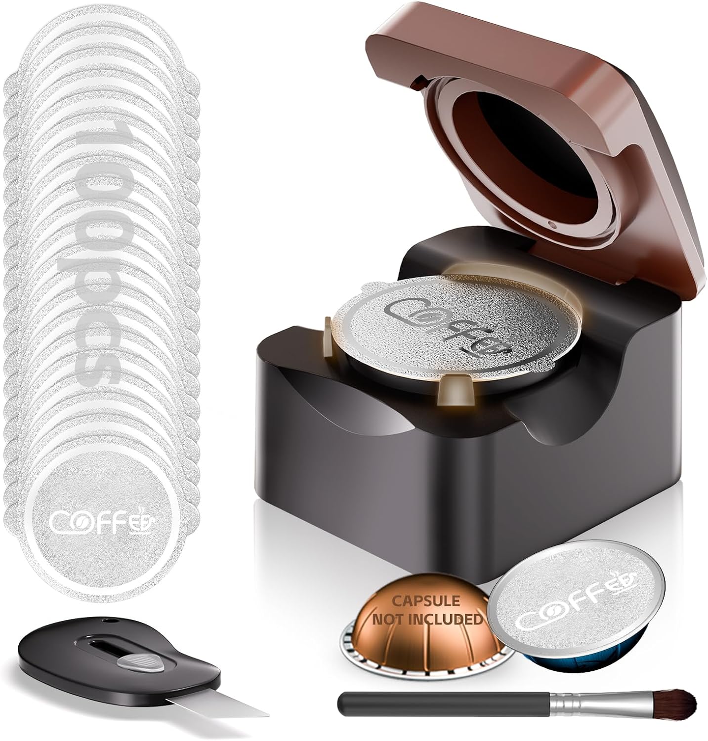 Detalle de Reusable Vertuo Pods Refill Kit for Nespresso – Upgraded Holder with 100 Lids and Press-to-Seal System