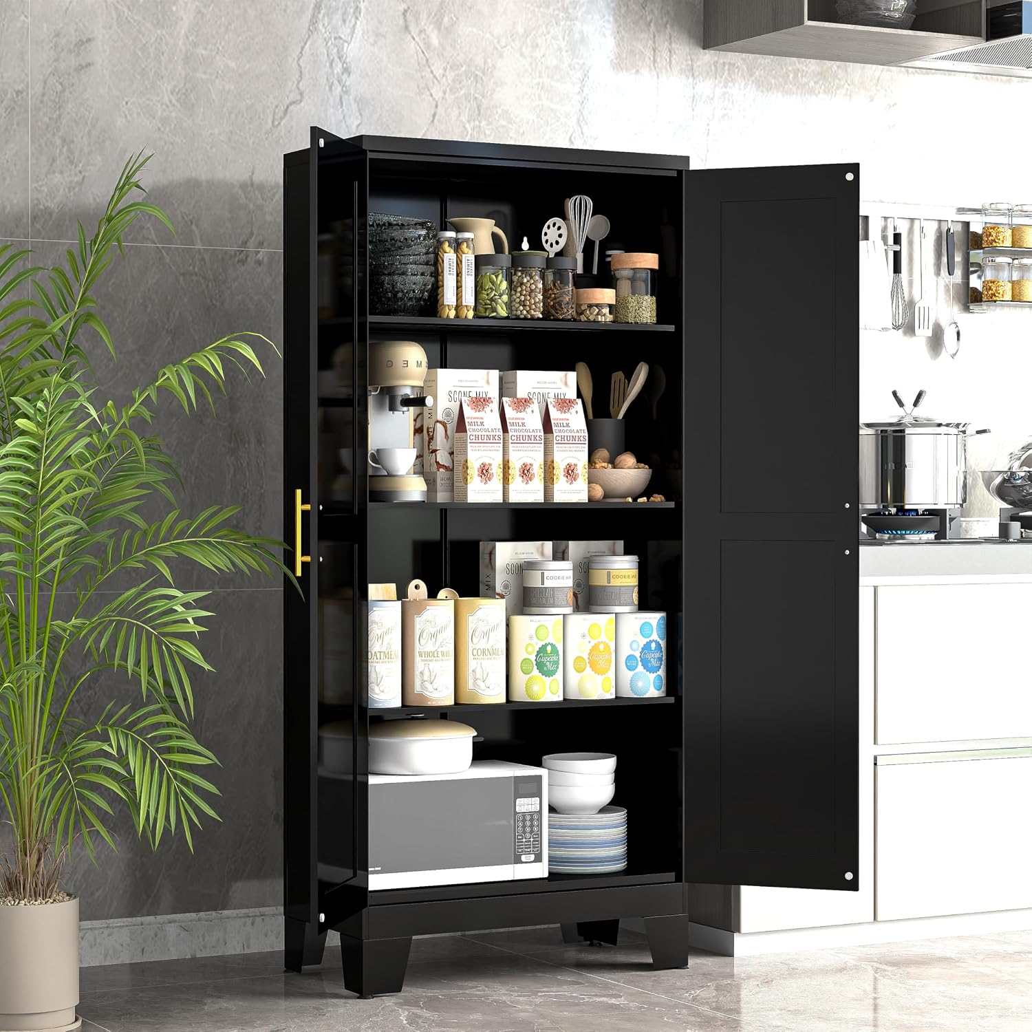 Detalle de GAIOUS 2D-Black Kitchen Pantry Cabinet, Black Metal with Adjustable Shelves