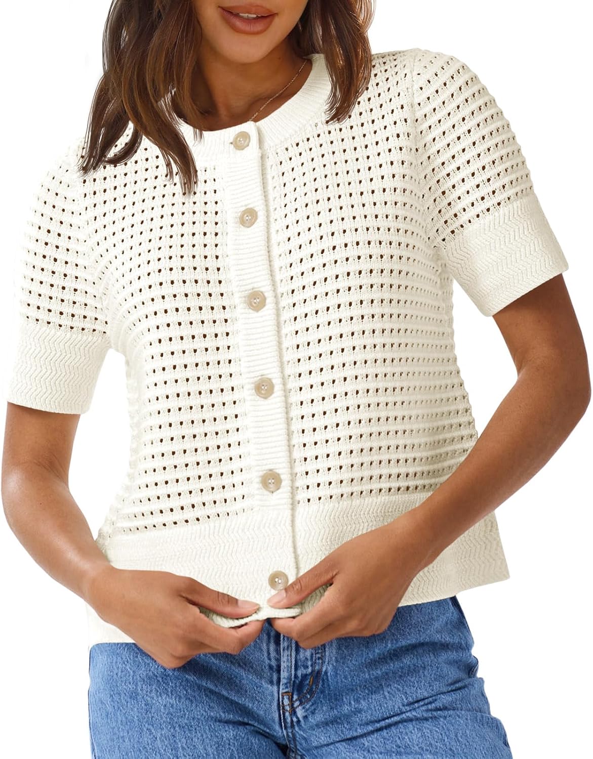 Detalle de Saodimallsu Women’s Crochet Short Sleeve Button-Up Crew Neck Cardigan