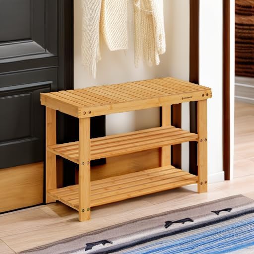 Detalle de SONGMICS Shoe Rack Bench (ULBS04N) 3-Tier Bamboo Storage Organizer Bench for Entryway