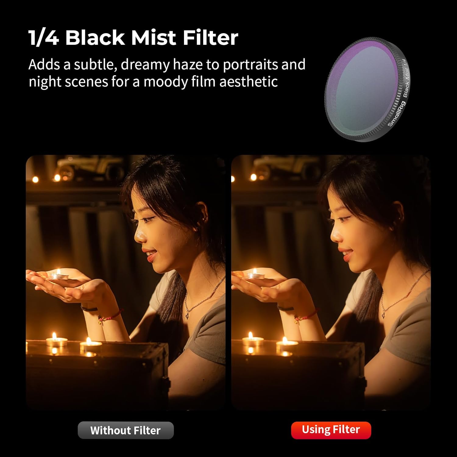 Detalle de SMALLRIG 1/4 Black Mist Filter für DJI Osmo Action 6 – Snap-On Black Diffusion mit Silikonabdeckung & Reinigungstuch