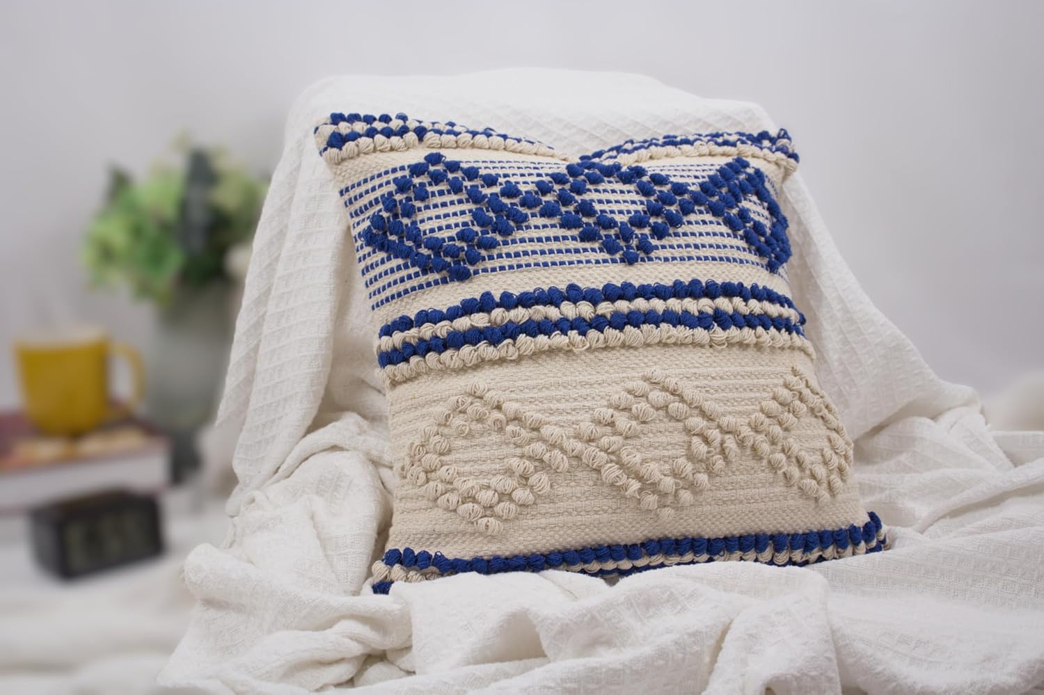 Thumbnail 5 de TreeWool Baumwoll-Kissenbezug im Boho-Stil (45 x 45 cm) – Königsblau & Naturcreme, 1 Stück, ohne Füllung