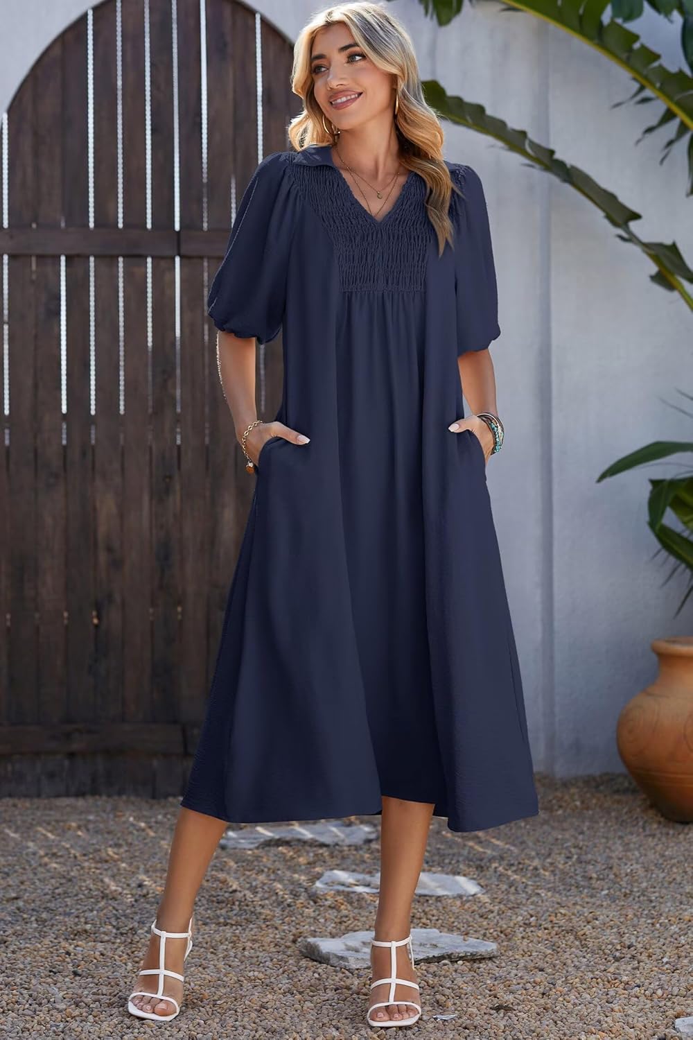 Detalle de Dokotoo Summer Dresses for Women 2026 – Casual V-Neck Puff Sleeve Maxi Dress