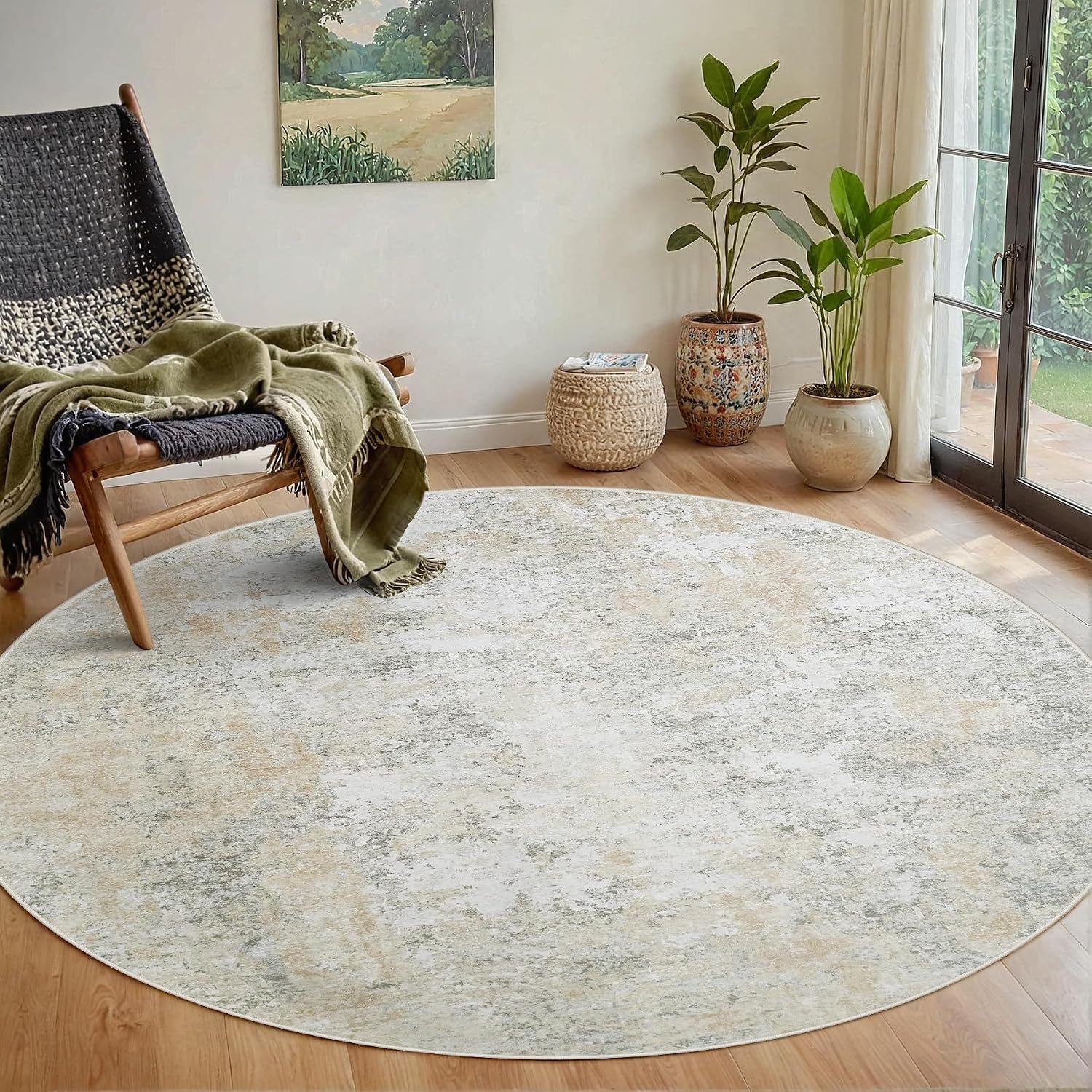 Detalle de Aelenmu 6 ft Round Area Rug, Beige and Gray Abstract, Low-Pile with Rubber Backing