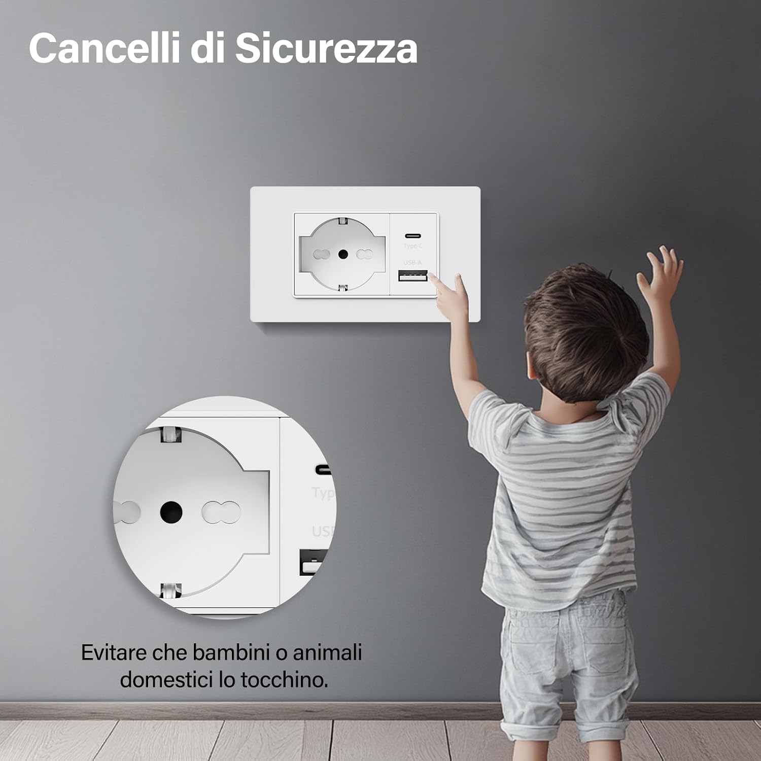 Detalle 2 de BSEED Presa Schuko e Presa Italiana con USB-A e Type-C 118 mm: potenza e compatibilità per la casa italiana