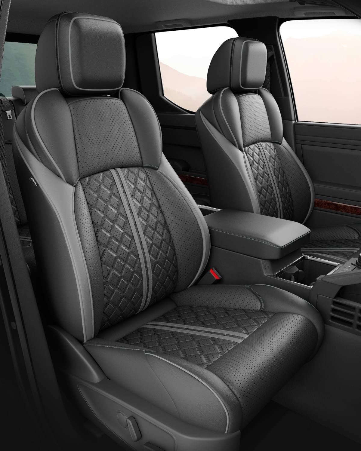 Detalle de RIDEPOSH Custom Seat Covers for Tacoma 4th Gen Double Cab (2024–2026) with Console Covers – Embossed Faux Leather, Black/Grey