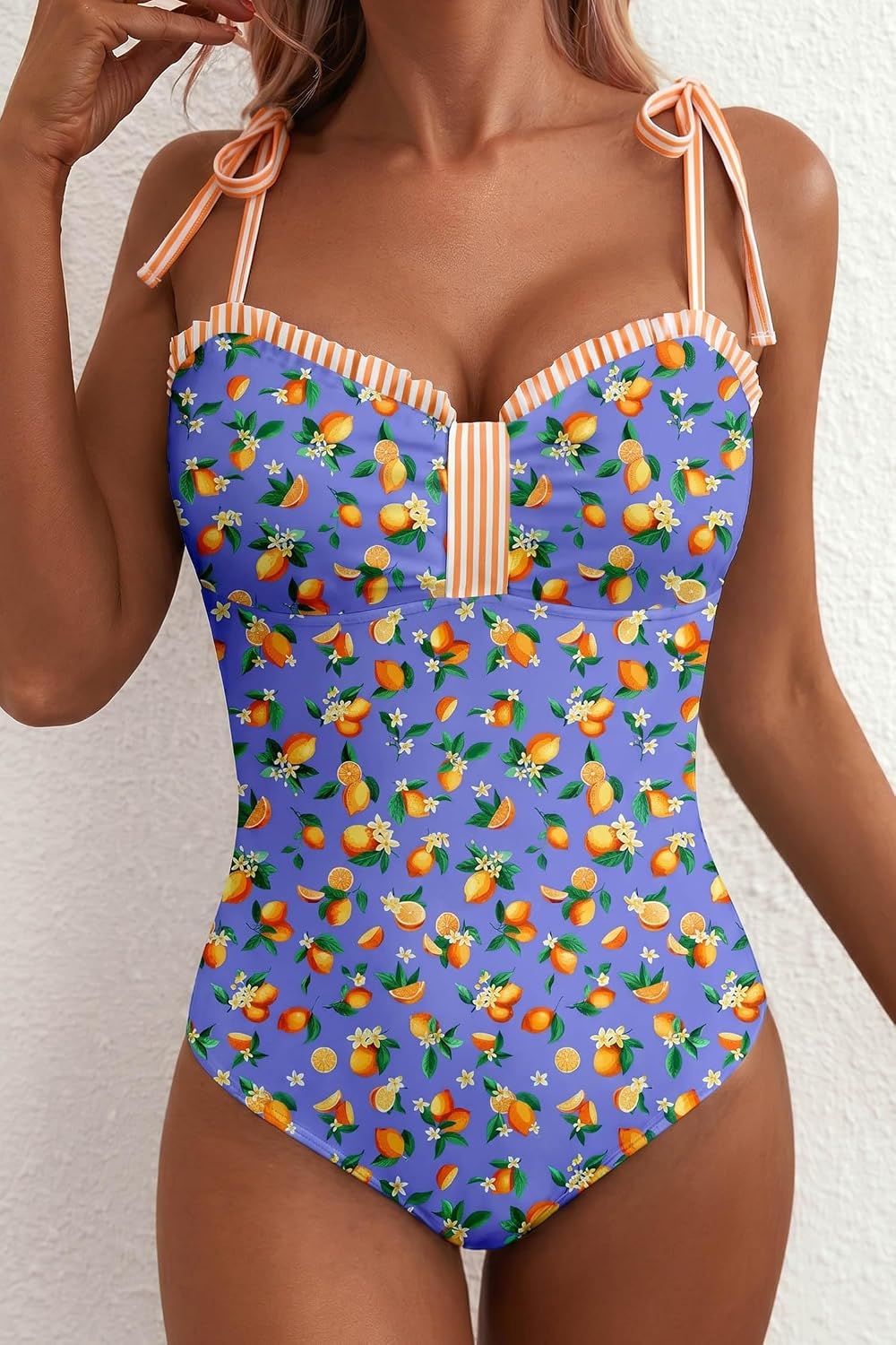 Detalle de Herseas Women’s Striped One Piece Swimsuit with Tie Shoulder and High Cut | 2026 Summer Swimwear