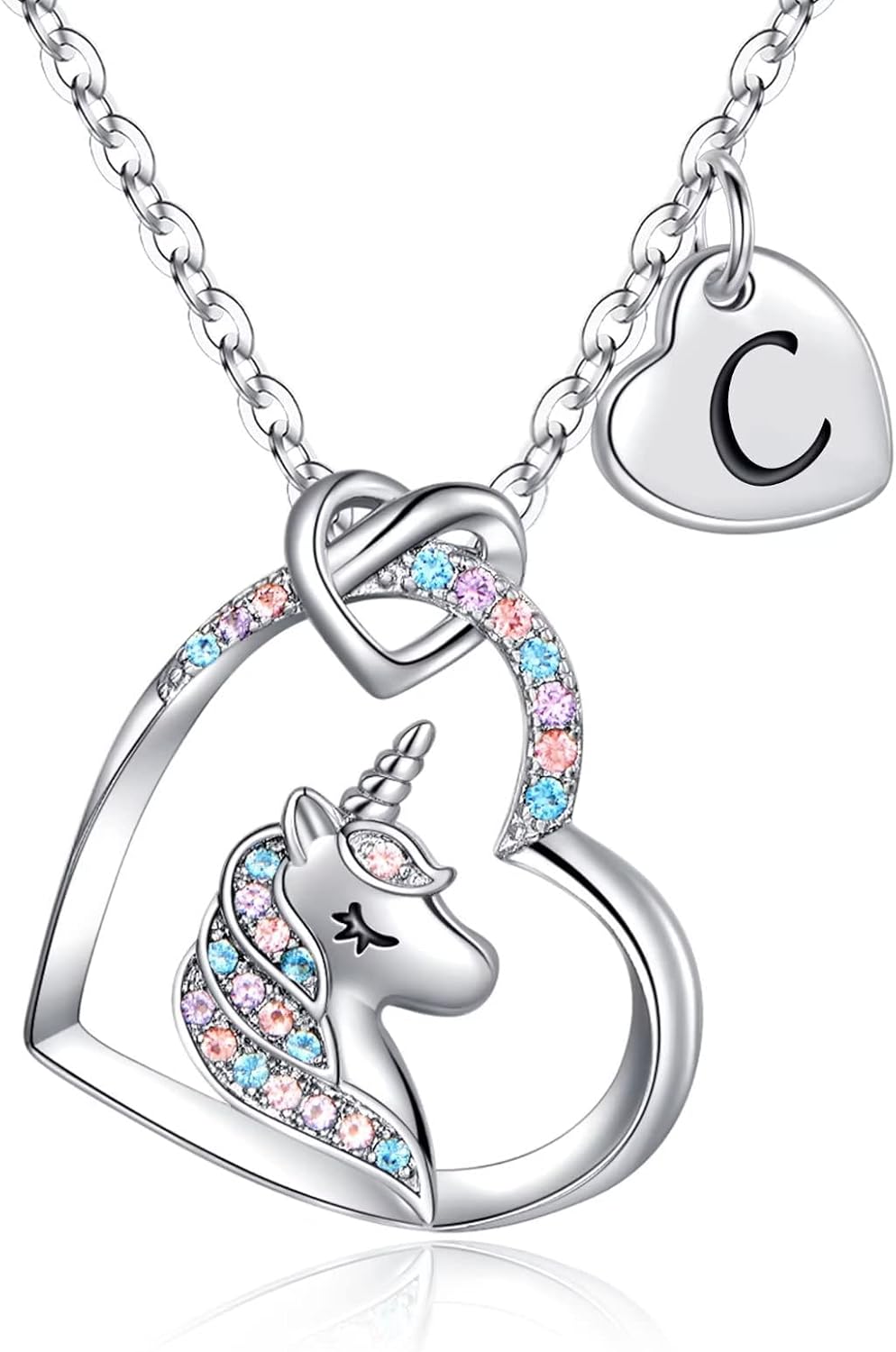 Detalle de TINGN Einhorn-Kette für Mädchen mit Herz-Anhänger und Buchstaben, 14K Weißgold vergoldet, CZ – Ostergeschenk