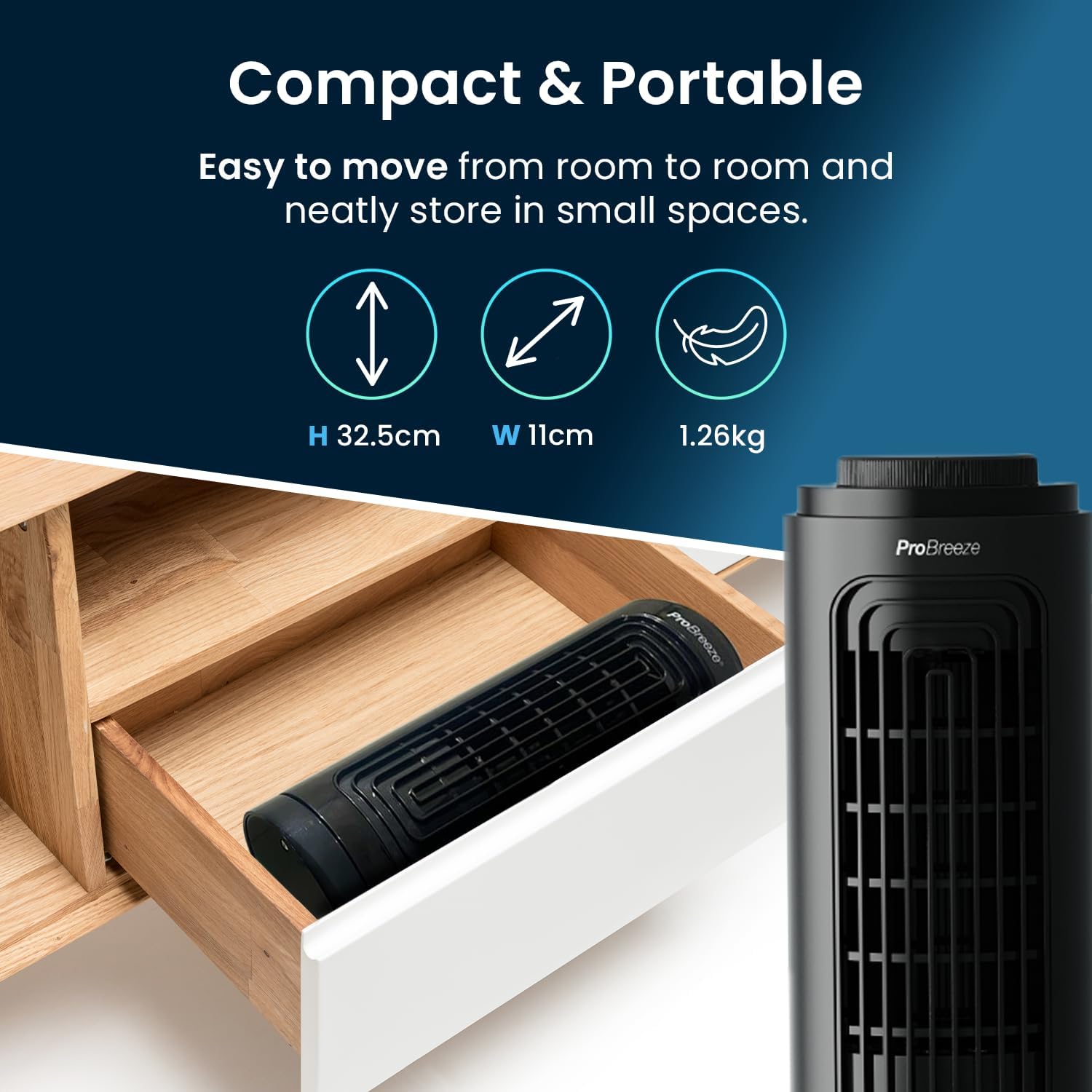 Thumbnail 3 de Pro Breeze 13-inch desktop mini tower fan – small, quiet & portable desk fan (3 speeds, 70° auto-oscillation)