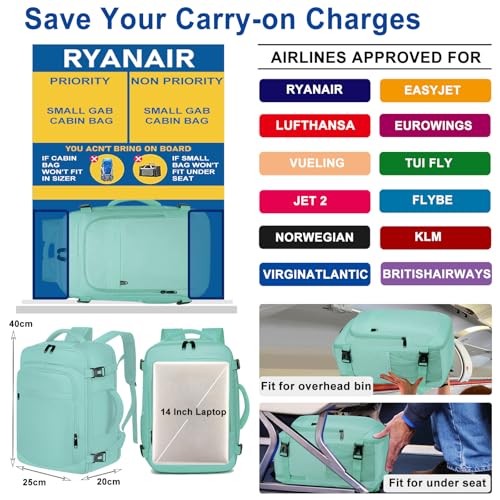 Thumbnail 1 de ENZOSUM Mochila de cabina 40x20x25 para avión (Ryanair) 20L con compartimento para portátil de 14 pulgadas, verde