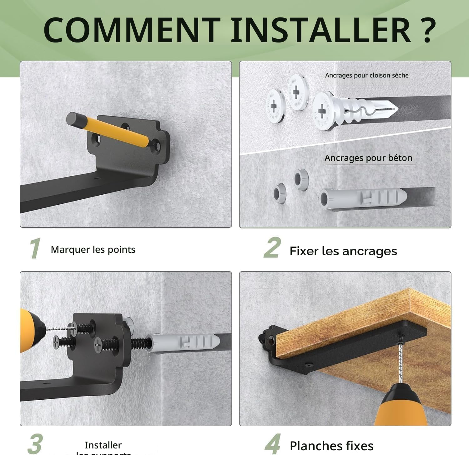 Thumbnail 6 de WELDUN Lot de 6 supports d’étagère flottants noirs (20 cm) avec capacité 75 kg