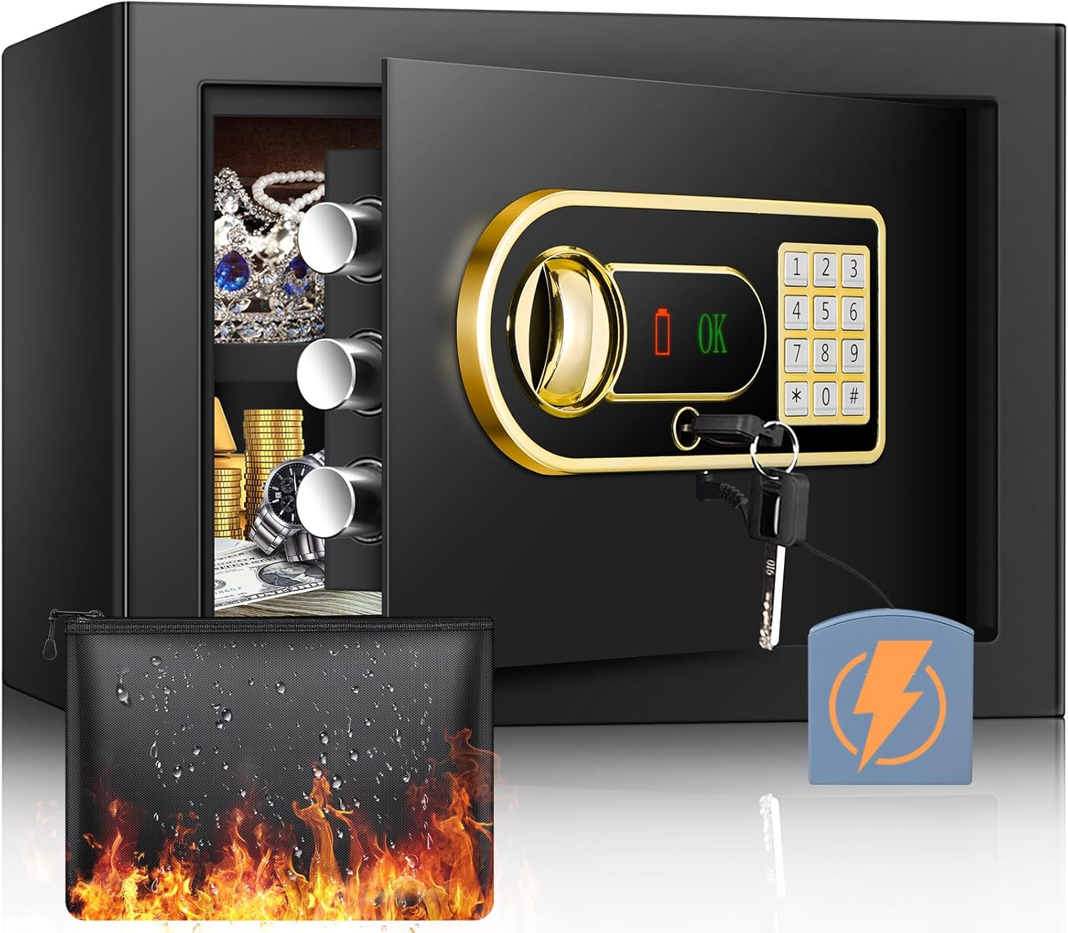 Detalle de Mejasg Safe Tresor feuerfest & wasserdicht 25L mit externem Batteriefach und herausnehmbaren Regal
