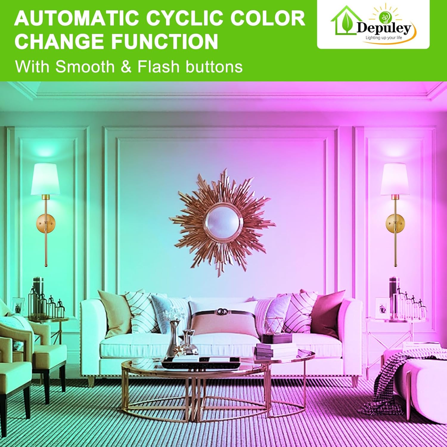 Detalle de Depuley Battery Operated Wall Sconce Set of 2 with Remote | Wireless, Rechargeable 10000mAh, 12 RGB Colors, 3000K-6500K dimmable