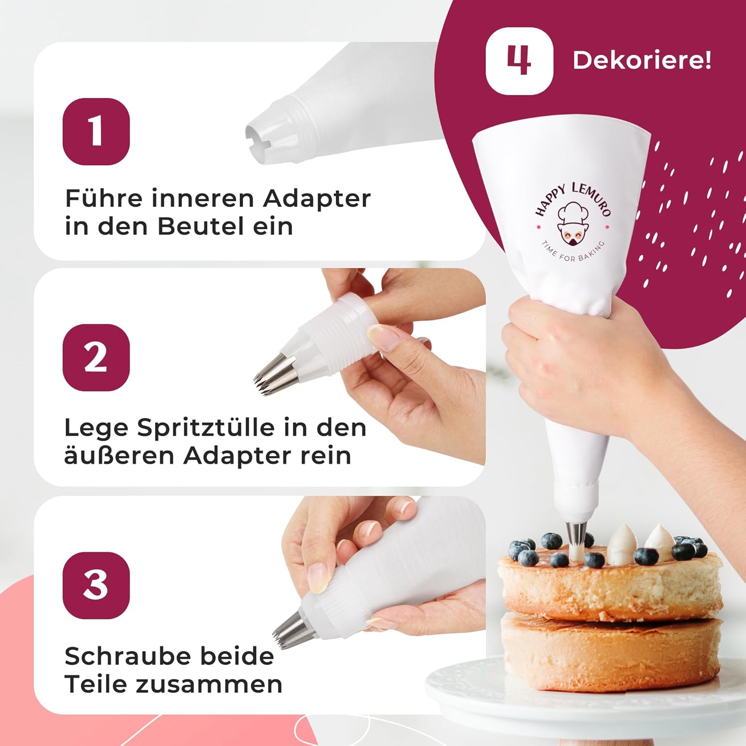 Thumbnail 4 de Happy Lemuro Premium Spritzbeutel mit Tüllen (11-teilig) – 8 große Spritztüllen mit Baumwoll-Spritzsack, spülmaschinenfest