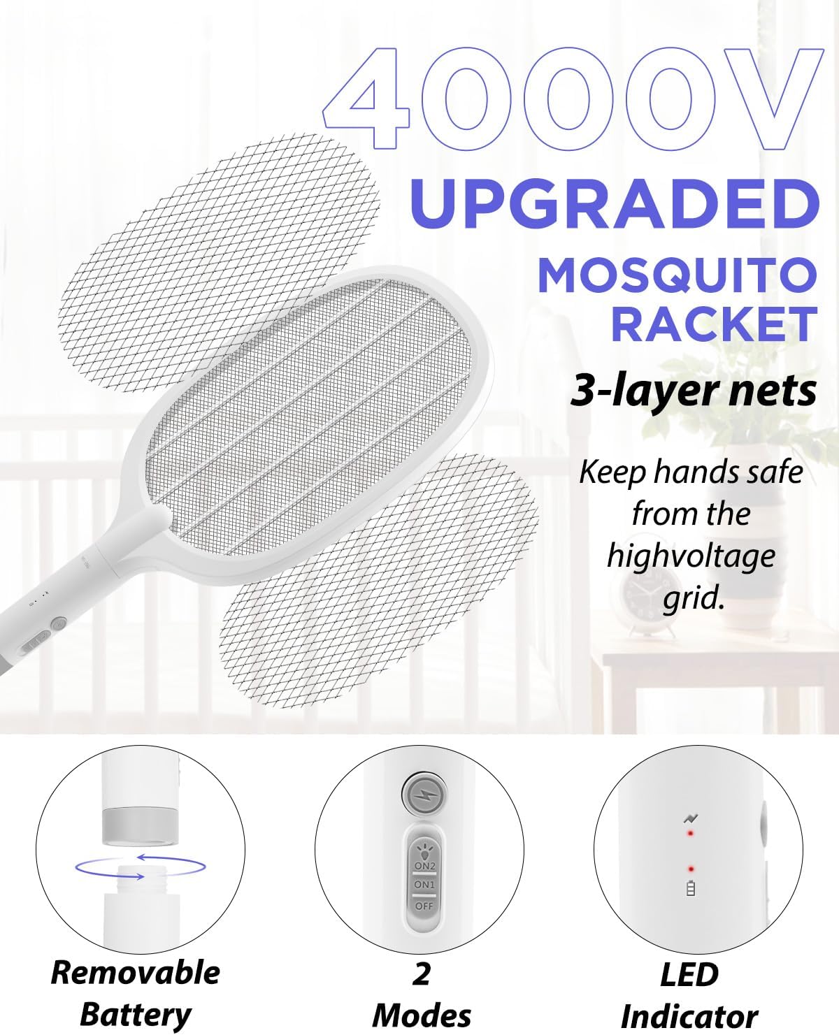 Thumbnail 3 de AOKKR Fly Zapper: Electric Insect Killer 1800mAh Rechargeable Racket (4000V) with LED Light
