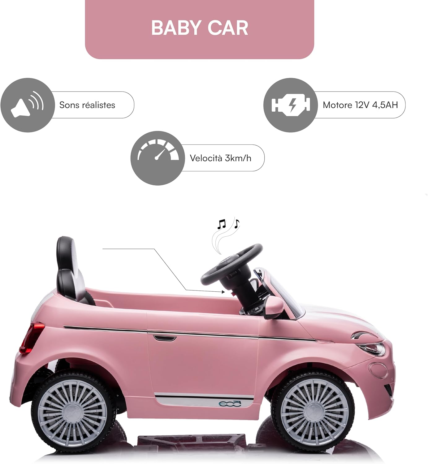Detalle 2 de Baroni Toys Fiat 500 Voiture électrique enfant 12V avec télécommande – version rose, 1–4 ans