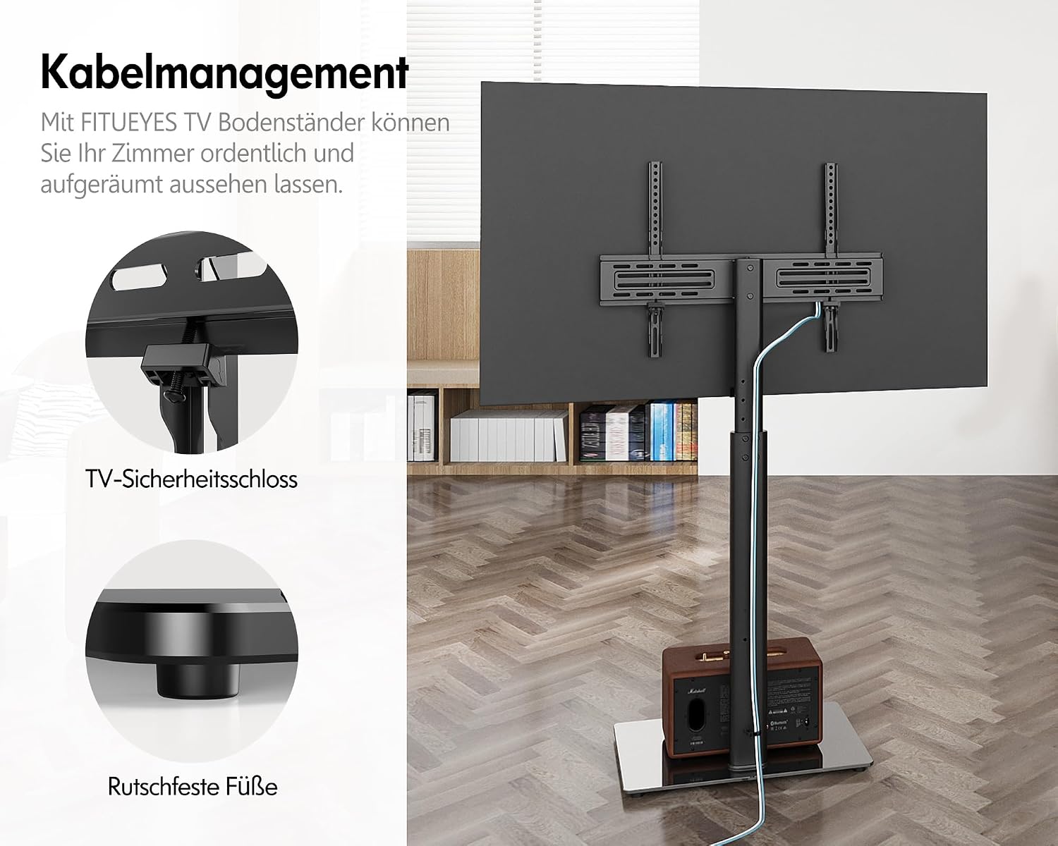 Thumbnail 4 de FITUEYES TV Ständer mit Glasboden für 32–60 Zoll – höhenverstellbar, bis 30 kg, VESA 600×400 mm, Schwarz