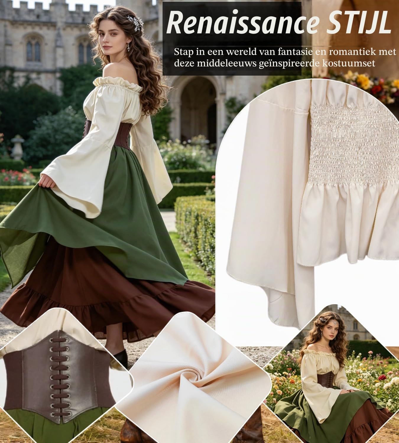 Thumbnail 2 de Kasahara middeleeuws dameskostuum, 5-delige set met off-shoulderblouse en maxi-jurk