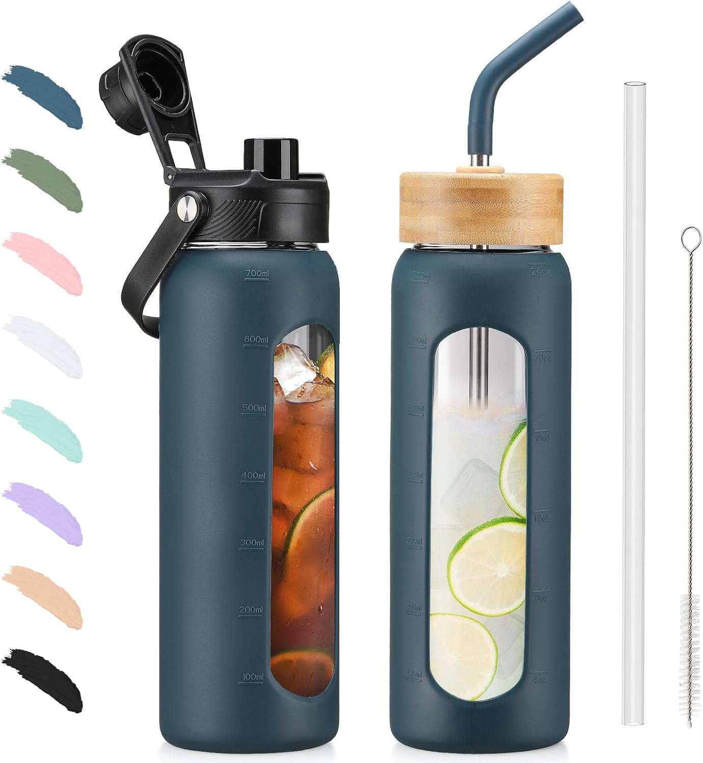 Detalle de BLUEGO 700ml Glass Water Bottle with Straw and Two Lids – Borosilicate Glass Tumbler for Everyday Beverages